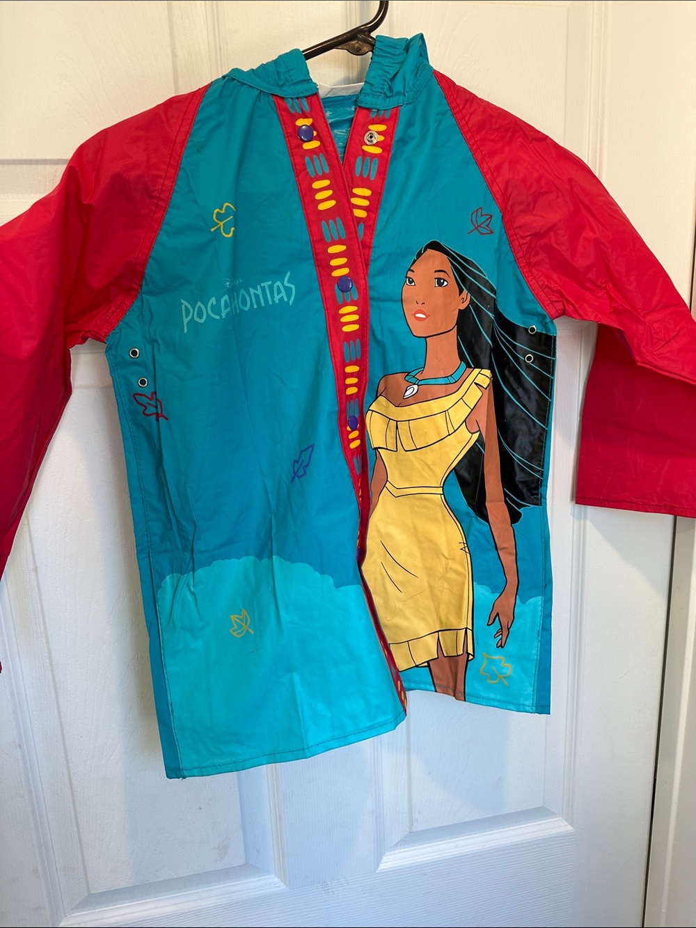 Vintage Disney Pocahontas Red & Teal Hooded Rain Jacket with Character Graphic